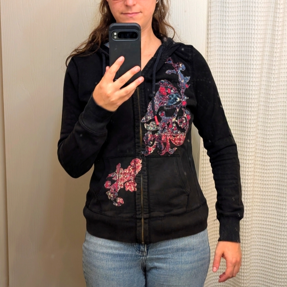 LUCKY BRAND Black Embroidered Bird Zip Up Hoodie M
